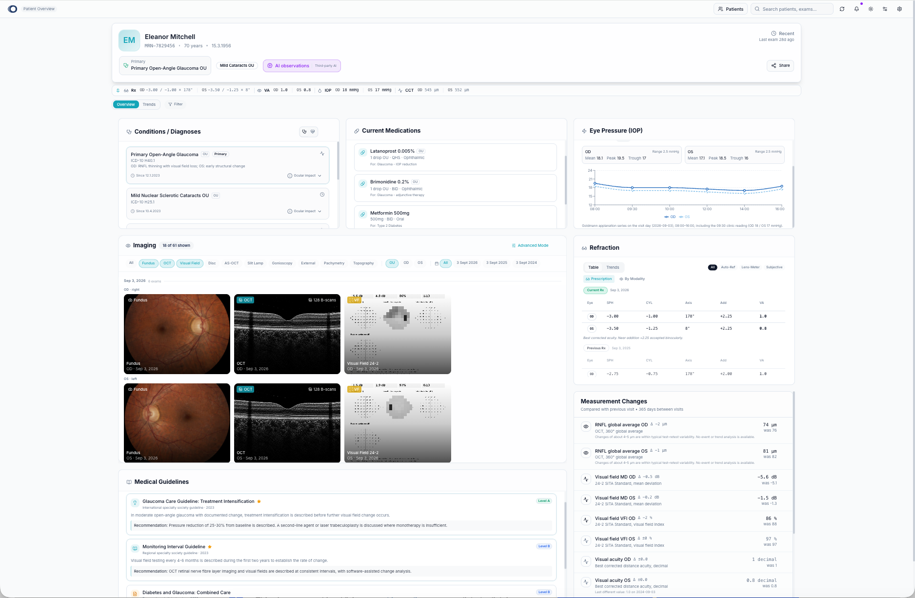 One OunasOS screen showing a patient's eye scans, measurements, medication and past visits